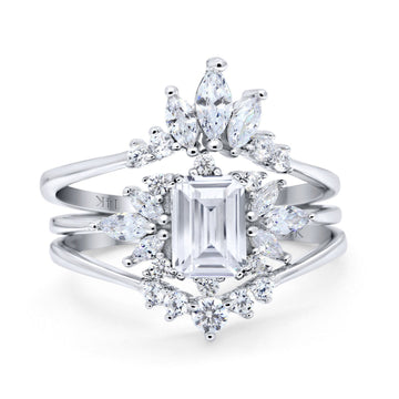 14K White Gold Emerald Cut Trio Set Engagement Rings Three Piece Bridal Set Marquise Round Simulated Cubic Zirconia